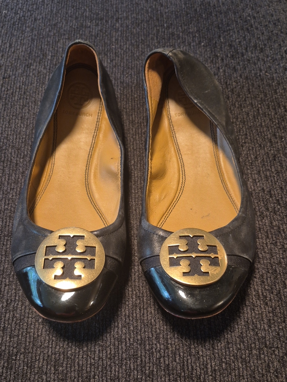 Tory Burch Black Leather & Patent Logo Cap-Toe Flats